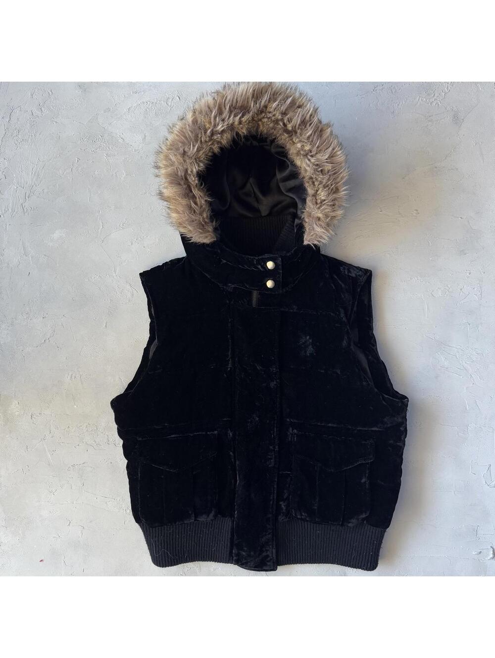 Vintage Y2K Old Navy Velour Zip Up Black Faux Fur McBling Puffer Vest